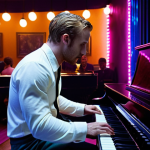 **Ryan Gosling in "La La Land":** A vibrant, full-shot scene of Ryan Gosling as Sebastian in "La La Land", playing the piano with passion under the colorful lights of a jazz club, capturing the romantic and musical essence of the film, reminiscent of classic Hollywood musicals.