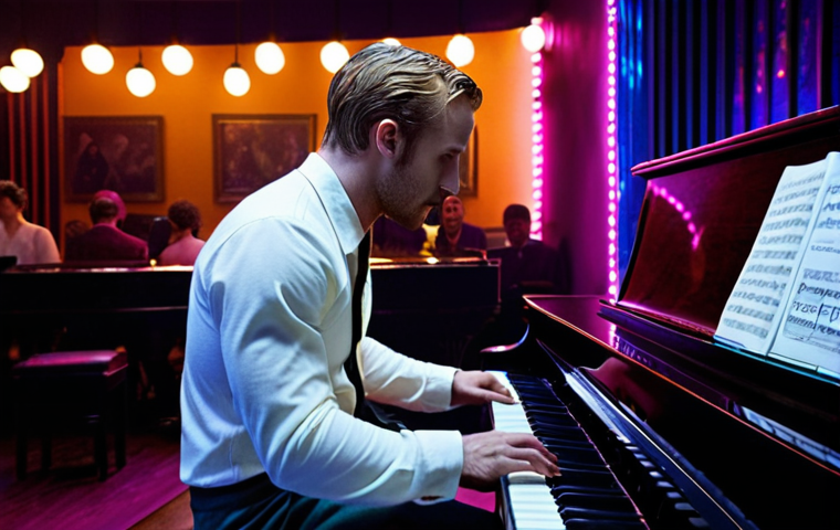 **Ryan Gosling in "La La Land":** A vibrant, full-shot scene of Ryan Gosling as Sebastian in "La La Land", playing the piano with passion under the colorful lights of a jazz club, capturing the romantic and musical essence of the film, reminiscent of classic Hollywood musicals.