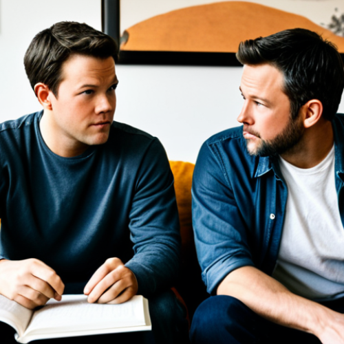 Home 8 A professional image depicting two young adult male friends, resembling Matt Damon and Ben Affleck in their early careers. They are in a modest, comfortable, and slightly bohemian apartment living room, surrounded by scattered script pages and a few coffee mugs. Both subjects are fully clothed in appropriate, casual attire, deeply immersed in an animated, thoughtful discussion, one actively gesturing while the other listens intently. The lighting is warm and natural, highlighting their intense creative synergy and shared ambition. The composition is reminiscent of professional cinematic photography, capturing a moment of genuine collaboration. safe for work, appropriate content, fully clothed, family-friendly, perfect anatomy, correct proportions, natural pose, well-formed hands, proper finger count, natural body proportions, high quality.