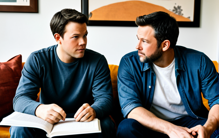 A professional image depicting two young adult male friends, resembling Matt Damon and Ben Affleck in their early careers. They are in a modest, comfortable, and slightly bohemian apartment living room, surrounded by scattered script pages and a few coffee mugs. Both subjects are fully clothed in appropriate, casual attire, deeply immersed in an animated, thoughtful discussion, one actively gesturing while the other listens intently. The lighting is warm and natural, highlighting their intense creative synergy and shared ambition. The composition is reminiscent of professional cinematic photography, capturing a moment of genuine collaboration. safe for work, appropriate content, fully clothed, family-friendly, perfect anatomy, correct proportions, natural pose, well-formed hands, proper finger count, natural body proportions, high quality.