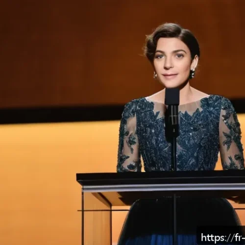 Home 31 Laura Dern의 여성 영화 산업 지지 활동 - A confident female actress standing on a stage at a film awards ceremony in Paris, dressed elegantly...