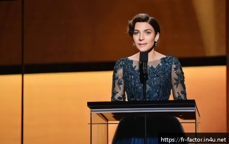 Laura Dern의 여성 영화 산업 지지 활동 - A confident female actress standing on a stage at a film awards ceremony in Paris, dressed elegantly...