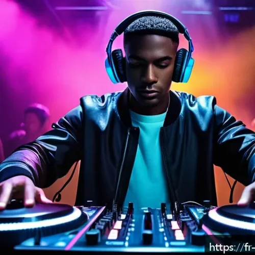 Home 30 Idris Elba의 디제이 활동과 배우로서의 삶 - A dynamic portrait of a stylish Black male DJ performing at a vibrant London nightclub, mixing elect...