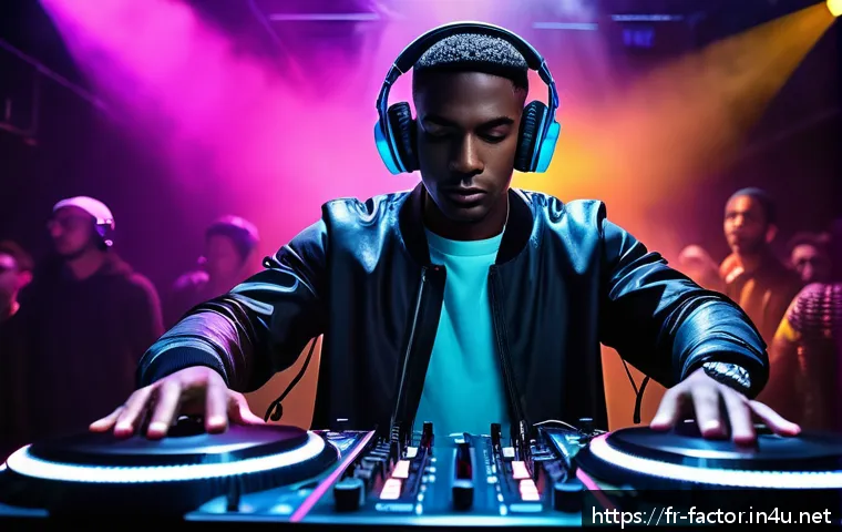 Idris Elba의 디제이 활동과 배우로서의 삶 - A dynamic portrait of a stylish Black male DJ performing at a vibrant London nightclub, mixing elect...
