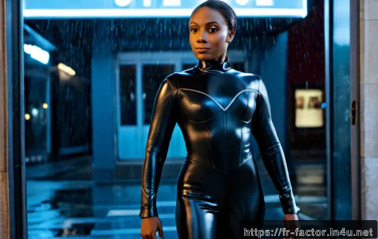 Halle Berry의  캣우먼  실패와 재도약 - Photorealistic cinematic editorial scene of a poised Black actress in a sleek fully covered black le...